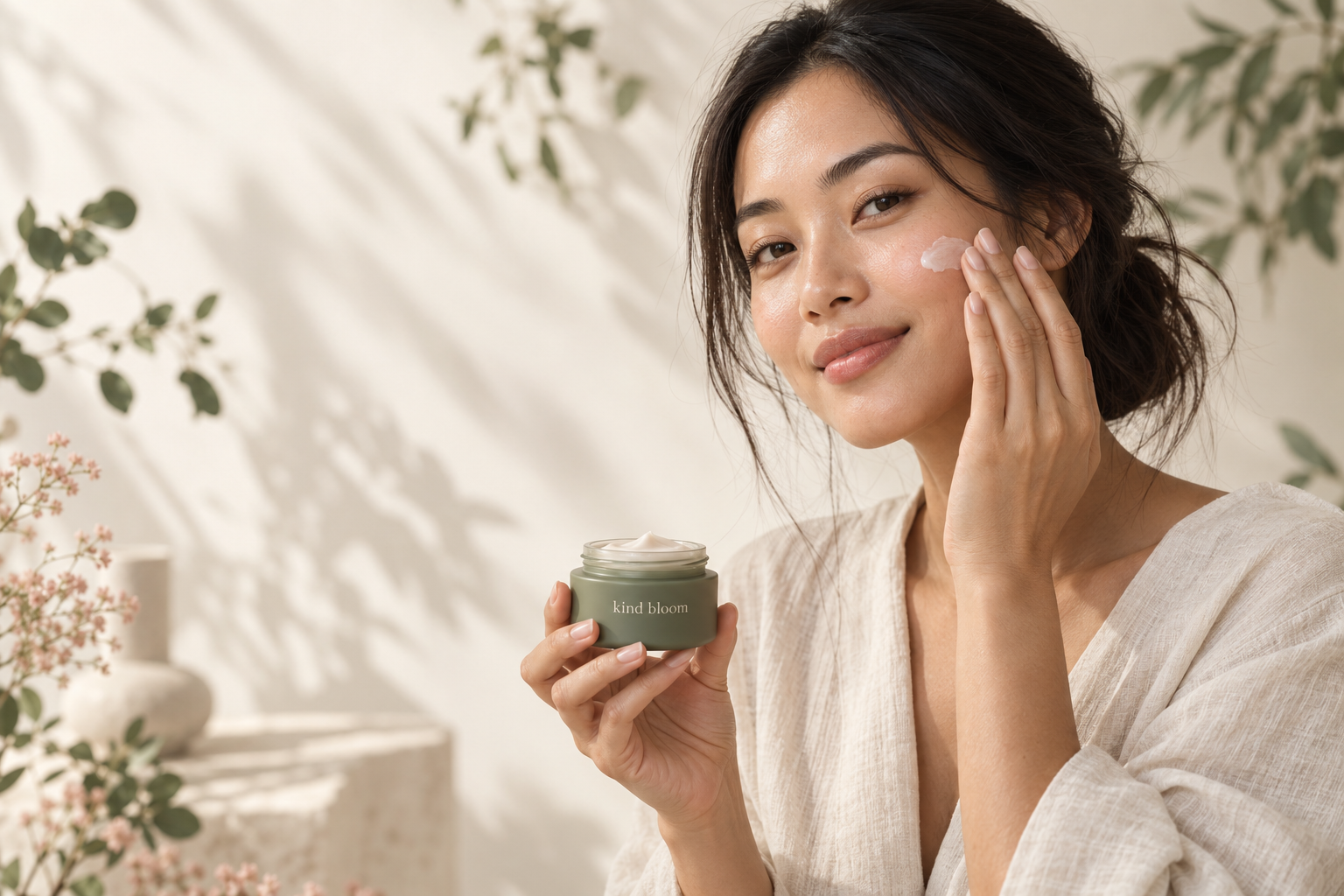 Người mẫu nữ cầm hũ kem Kind Bloom và nhẹ nhàng thoa kem lên má — ảnh AI minh họa