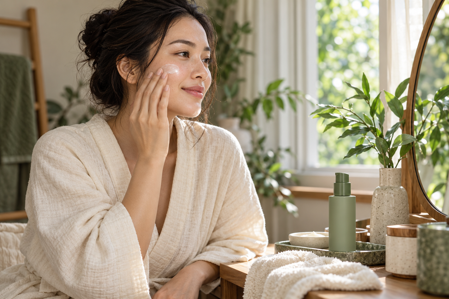 Người mẫu chăm sóc da bên cửa sổ — ảnh AI minh họa