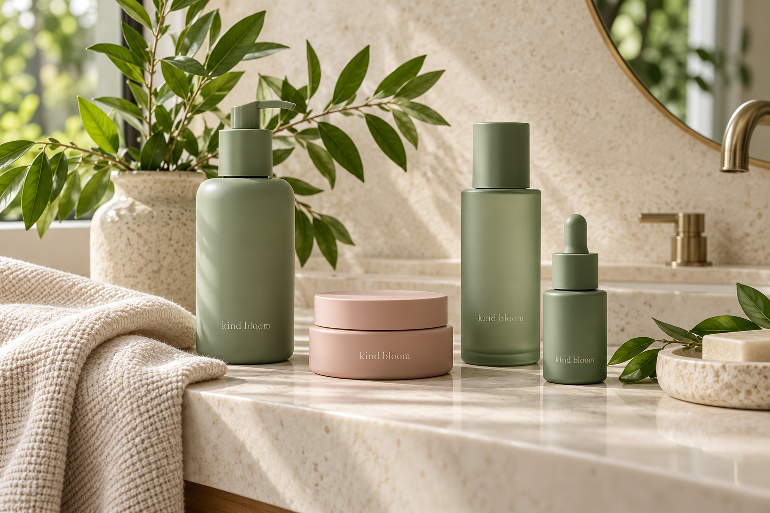 Bộ mỹ phẩm Kind Bloom minh họa trên bàn đá bên cửa sổ